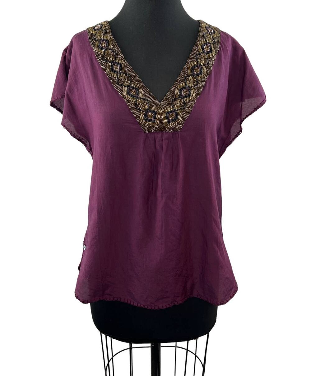 Loomstate Purple S Tunic Top Organic Cotton V-Neck Beaded Cap Sleeve Pullover